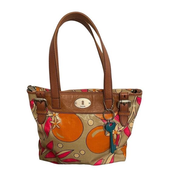 FOSSIL Coated Canvas Leather Orange/Pink Tote Shoulder Tote Bag - Picture 1 of 7